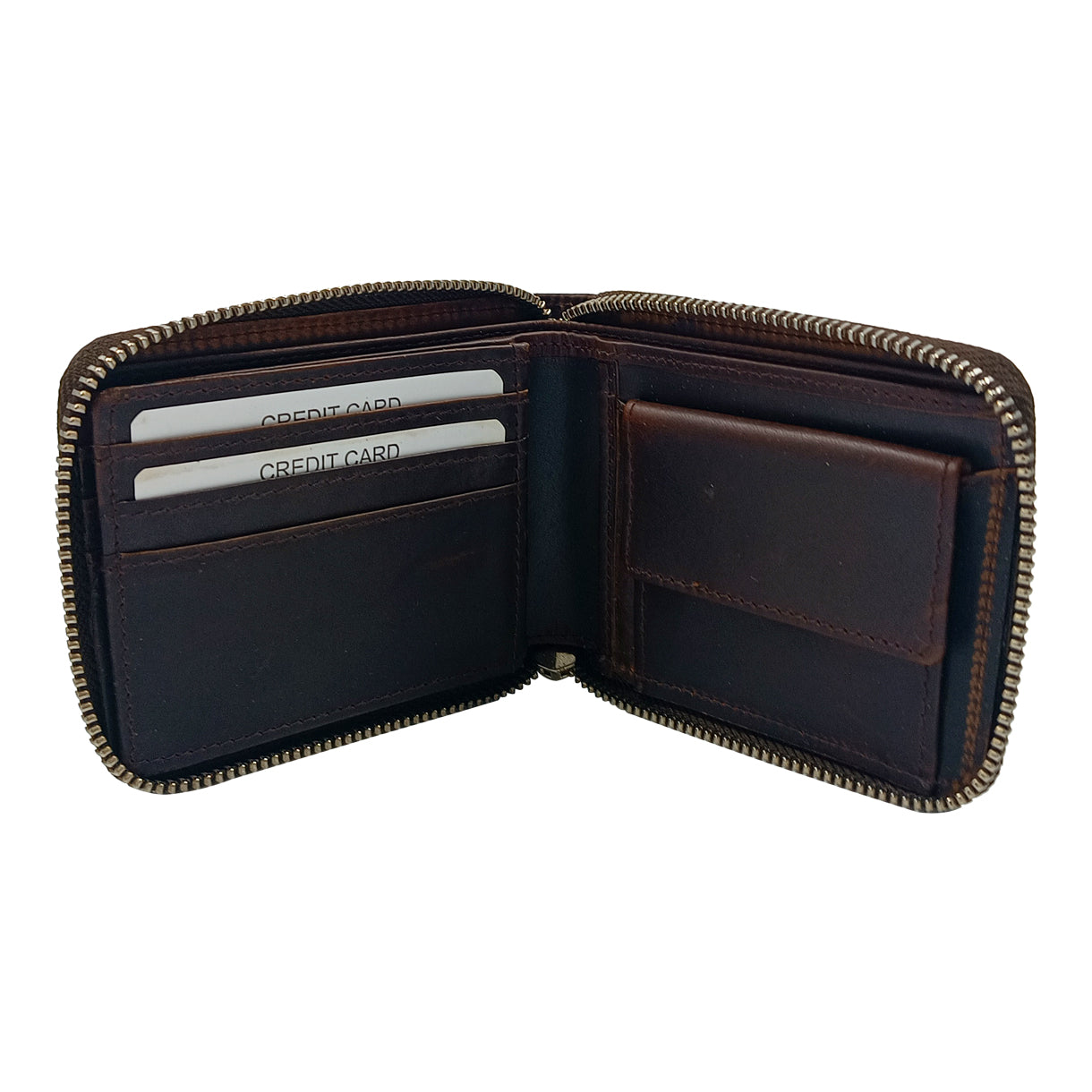 Leather-Dark-brown-zipper-wallet-open
